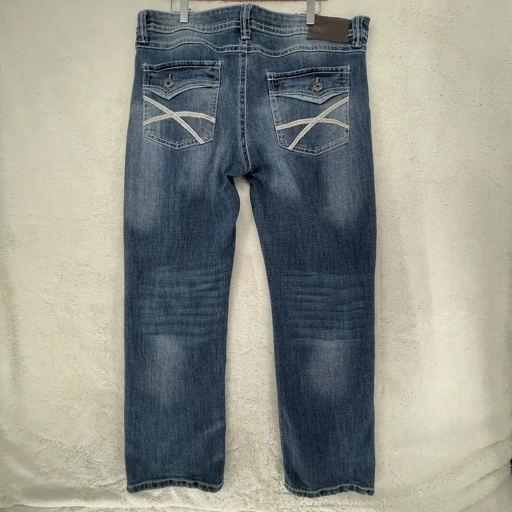 TK Axel Slim Bootcut Jeans Light Wash Distressed Blue Denim 38x32 Mens